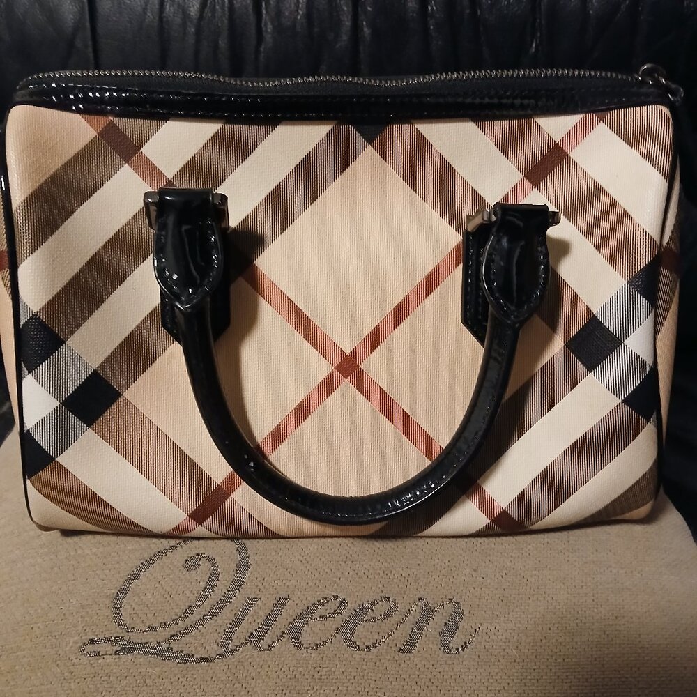 Authentic Burberry Chester Nova Check Patent Bowling Bag Black
